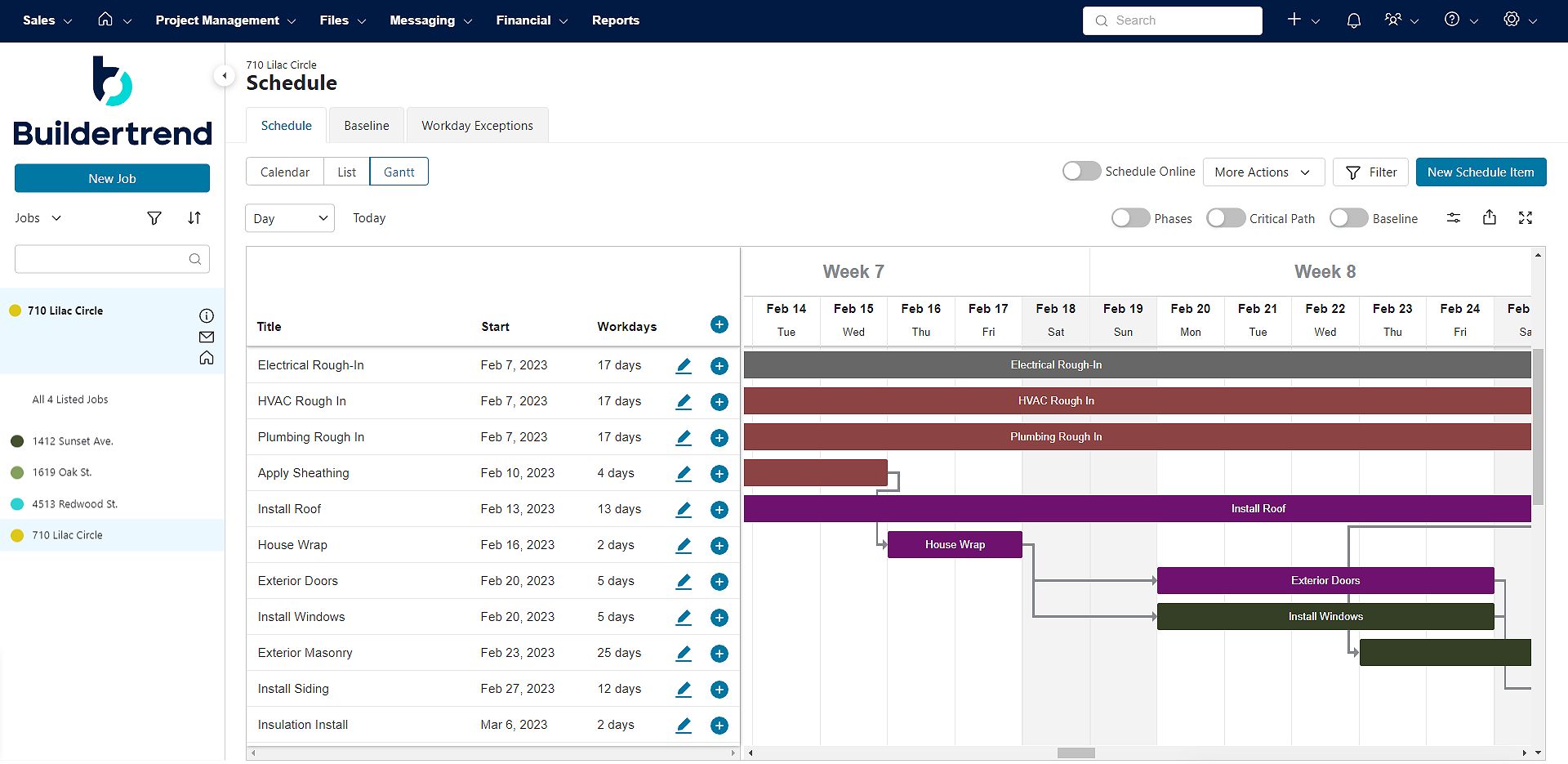 BuilderTrend's Gantt chart, a key feature of construction scheduling software